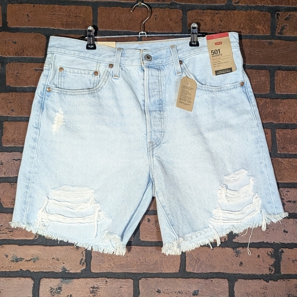 Levi's 501 High Rise Mid Thigh Distressed Button Fly Denim Shorts NWT 31 - Picture 2 of 15